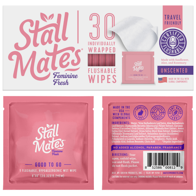 The packaging image for Stall Mates Feminine Hygiene Flushable Wipes shows 30 individually wrapped, unscented wipes crafted with sunflower, aloe, and rosemary. The design features a label confirming theyre certified flushable and PH-balanced for gentle freshness.