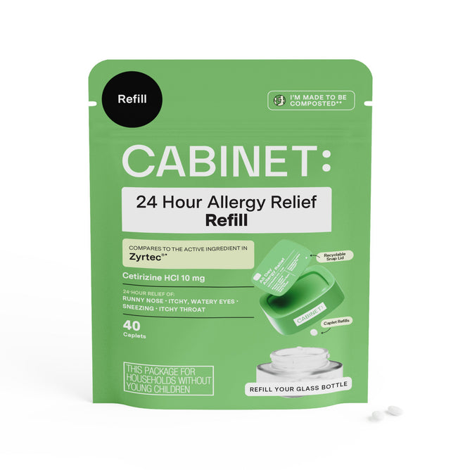 A resealable green bag labeled All Day Allergy Relief Refill by Cabinet Health contains 40 cetirizine HCl 10 mg capsules, comparable to Zyrtec. Two loose capsules illustrate compostability. Not suitable for homes with young children.