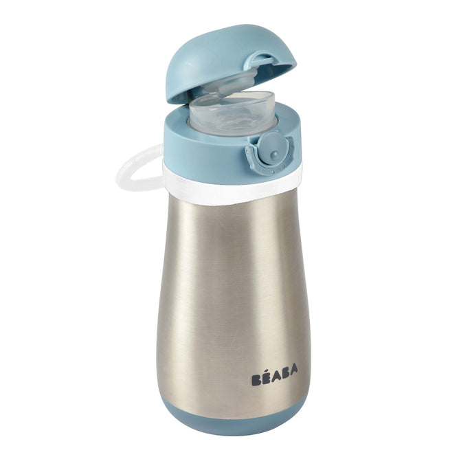 The BEABA Stainless Steel Toddler Thermos Water Bottle, designed for 18+ months, features a transparent spout, blue cap and base, leakproof design with a neck handle, front logo, and a convenient push-button lid ideal for on-the-go young adventurers.