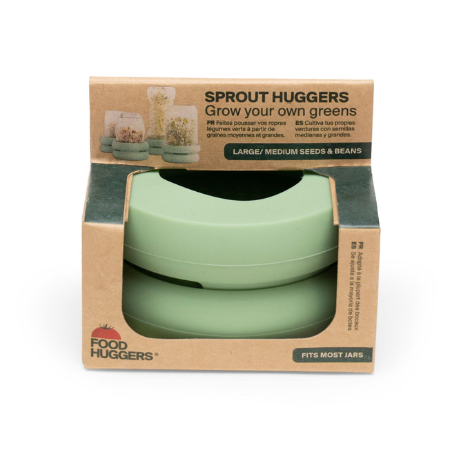 The Sprout Huggers set by Food Huggers comes in eco-friendly packaging labeled, Sprout Huggers: Grow your own nutritious sprouts. Its designed for large/medium seeds and beans, fits most jars, and includes English and French text—ideal for a home-sprouting kit for fresh greens anytime.