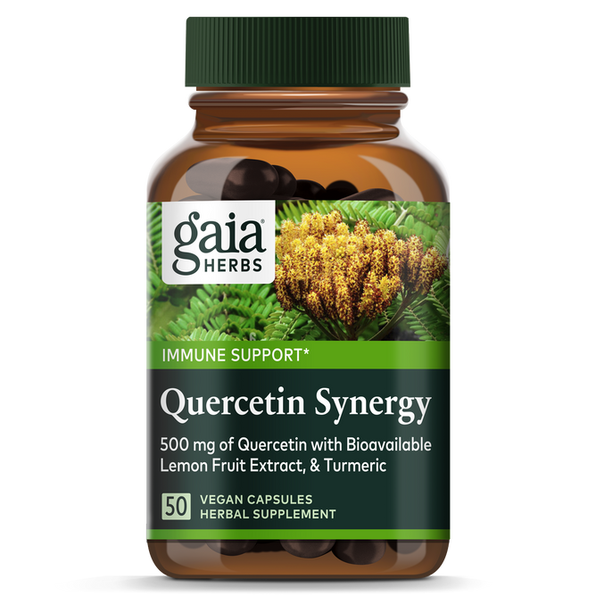 Gaia Herbs Quercetin Synergy - For Immune Support offers 500 mg of Quercetin, featuring bioavailable Wellemon fruit extract and Turmeric in a bottle with 50 vegan capsules. The label showcases the brands logo and herbal graphics.
