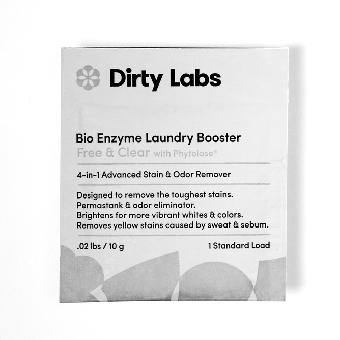 A .02 lb packet of Dirty Labs Bio Enzyme Laundry Booster - Sample, boasting Free & Clear with Phytolase, is a 4-in-1 bioenzyme technology marvel that tackles tough stains, permastank, and biological stains while brightening whites in a single standard load.