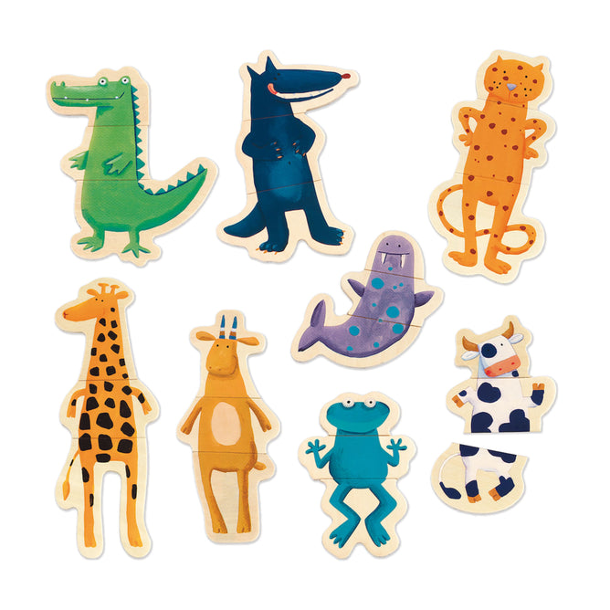 The Crazy Animal Mix & Match Wooden Magnets by DJECO feature colorful cartoon animals like a crocodile, wolf, leopard, giraffe, goat, seal, frog, and cow. Designed for imaginative play on a white background; each animal splits into three mix-and-match segments. Made from FSC® Certified Wood.