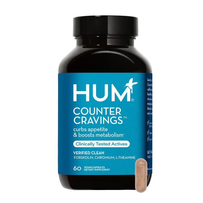 HUM Nutritions Counter Cravings supplements, enriched with chromium and seaweed extract, feature a blue label claiming to manage cravings and boost metabolism. The bottle contains 60 vegan capsules, with one capsule showcased at the front.