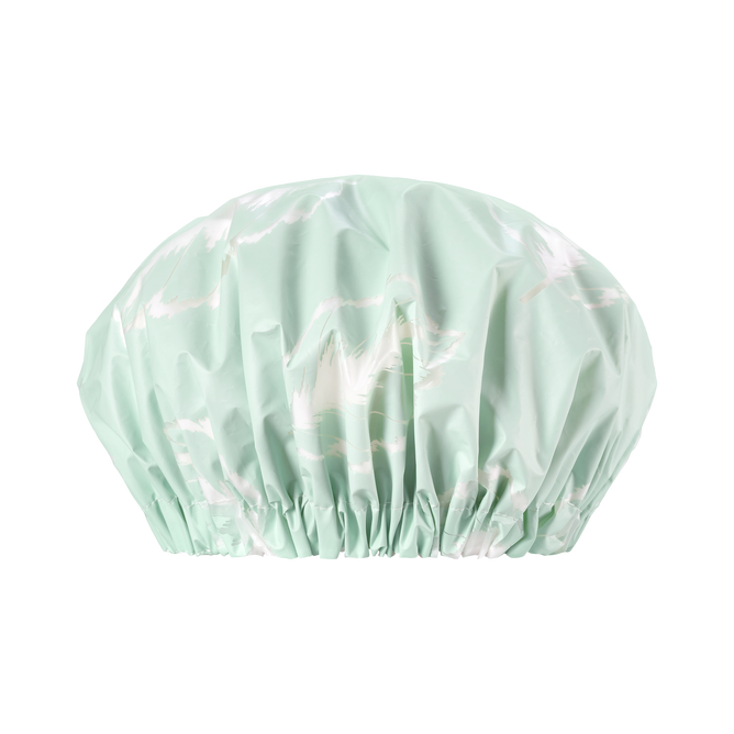 Introducing the Eco XL Shower Cap by EcoTools, a sustainable, light green bath accessory with a subtle white abstract pattern. This reusable cap features gathered elastic for a secure fit, emphasizing its vibrant color against a plain black background.