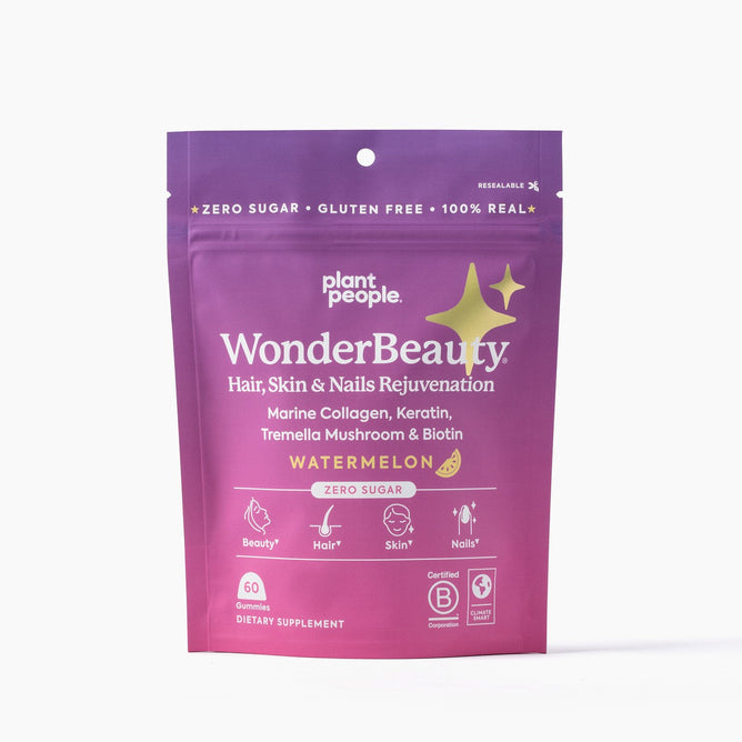 Plant Peoples WonderBeauty Gummies feature vibrant purple and pink packaging, emphasizing their focus on rejuvenating hair, skin, and nails. With marine collagen for increased production, keratin, tremella mushroom, biotin, and a watermelon flavor, these zero-sugar gummies are gluten-free and come in a 60-pack.