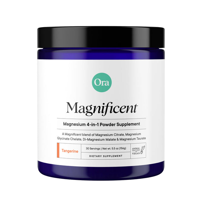 The Ora Organic 4-in-1 Magnesium Powder Supplement, in a blue jar and featuring Di-Magnesium Malate for optimal absorption, is tangerine-flavored, gluten-free, and vegan. With 30 servings and a net weight of 6.55 oz., it promises quality and taste in every scoop.