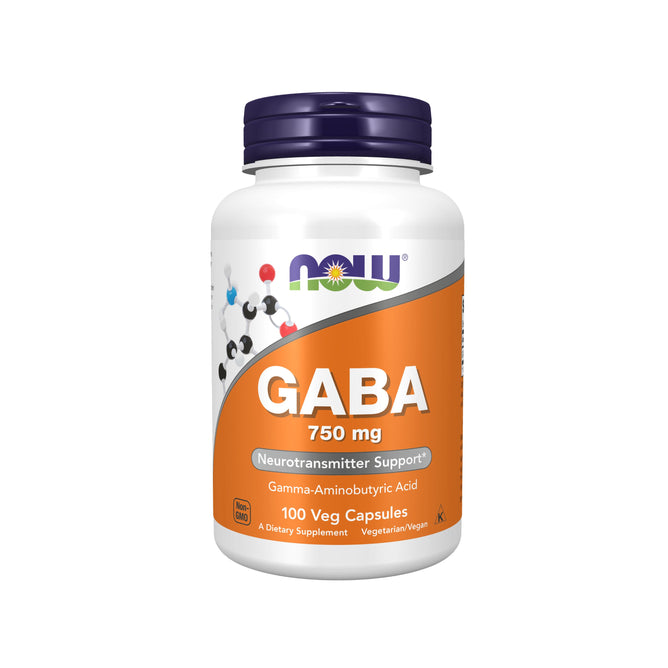A white bottle with the NOW Foods logo and an orange label highlights GABA 750mg - For Neurotransmitter Support. It contains Gamma-Aminobutyric Acid in 100 vegetarian capsules, suitable for vegetarians and vegans. A molecular diagram appears on the side.