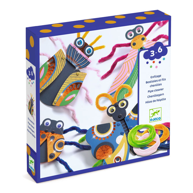 The Fuzzy Bugs 3D Collage Educational Craft Kit by DJECO offers vibrant bug crafts for kids aged 3 to 6, using pipe cleaners, cardboard, and FSC® certified paper. Featuring googly eyes and playful patterns, the kit encourages imaginative play with a threading activity. The brand logo is in the bottom right corner.