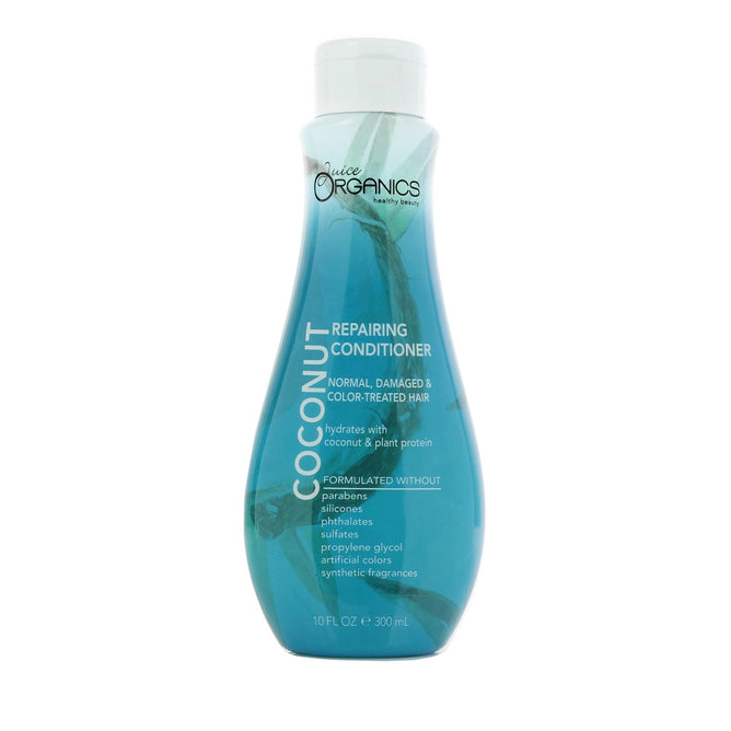 Juice Beautys blue bottle Coconut Repairing Conditioner is perfect for normal, damaged, and color-treated hair. It deeply hydrates with coconut and organic argan oil, free from parabens, silicones, phthalates, sulfates, artificial colors, or fragrances.