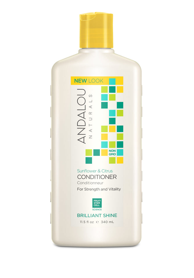 Andalou Naturals Brilliant Shine Sunflower & Citrus Conditioner (11.5 fl oz, 340 ml) features colored squares on its label. Silicone, sulfate-free, and non-GMO, this conditioner is designed for strength and vitality to achieve shiny hair.