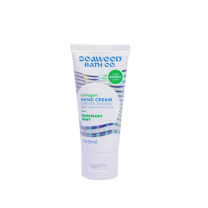 The Seaweed Bath Cos Collagen Hand Cream blends aloe and shea butter with a rosemary mint scent, promoting healthy skin with bio-mimicking collagen. It comes in a sleek 2 fl oz (59 ml) white and blue tube, boasting the new awaken look.
