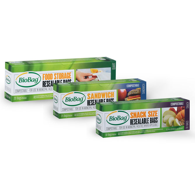 Three boxes of the BioBag Resealable Food Storage Bag Set, labeled food storage, sandwich, and snack size. Each box features green and orange accents with a hand sealing a bag and compostable bags in bold. Made from plant-based materials for eco-friendly use.