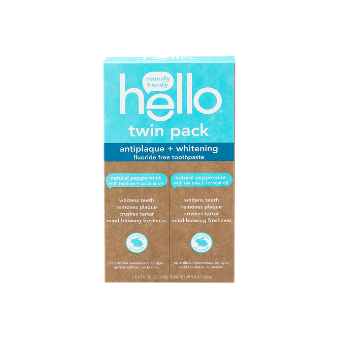 Hellos Antiplaque + Whitening Fluoride Free Toothpaste Twin Pack features a natural peppermint flavor with tea tree and coconut oil, offering plaque removal, tartar reduction, and teeth whitening benefits.