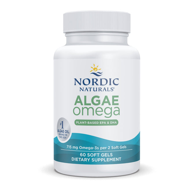 The Nordic Naturals Algae Omega supplement comes in a white bottle with 60 soft gels, ideal for vegetarians and vegans. The label features Plant-Based EPA & DHA, 715 mg Omega-3s per 2 Soft Gels, and a 1 Algae Oil badge.