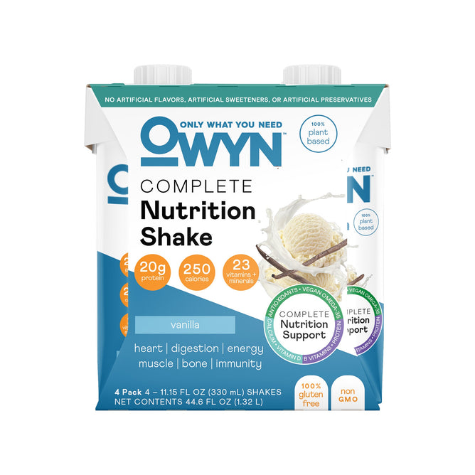 OWYNs Complete Nutrition Shake in vanilla offers 20g of plant protein, 250 calories, and vegan omega-3s. It includes 23 vitamins & minerals and is gluten-free and non-GMO. Presented as a 4-pack, the packaging emphasizes these nutritional benefits.