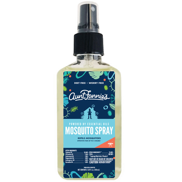 Aunt Fannies Mosquito Repellent Spray features a blue and green label with leaves and a mosquito illustration. This DEET-free spray, topped with a black nozzle, uses essential oils and natural ingredients for safe protection against mosquitoes.