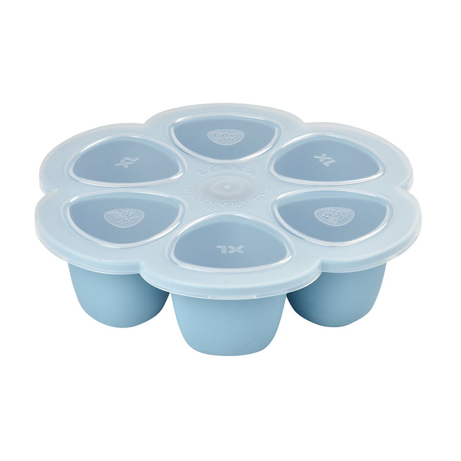 The BEABA Multiportions™ Silicone Baby Food Freezer Tray is a blue, platinum grade silicone storage container with a transparent lid, featuring seven compartments in a charming flower shape. Each section is marked with 1X on the lid for convenience.