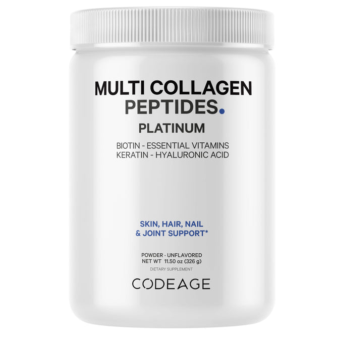 A white jar labeled Multi Collagen Protein Powder Platinum by Codeage supports skin, hair, nails, and joints. This 11.5 oz biotin supplement contains essential vitamins, keratin, and hyaluronic acid on a white backdrop.