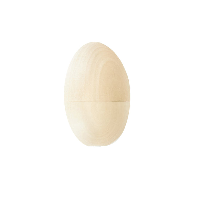 A Montessori-inspired, egg-shaped object from Sarahs Silks rests on a plain white background. Crafted from smooth, FSC-certified wood with a natural grain, the reusable and fillable wooden Easter egg features a faint horizontal line hinting at its two separate halves.
