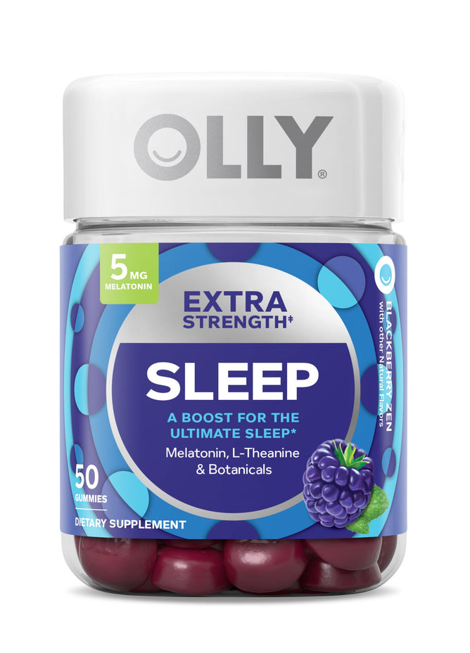 A container of OLLYs Extra Strength Sleep gummies, featuring a blackberry design, holds 50 gummies with 5 mg melatonin, L-Theanine, and botanicals to enhance sleep naturally.