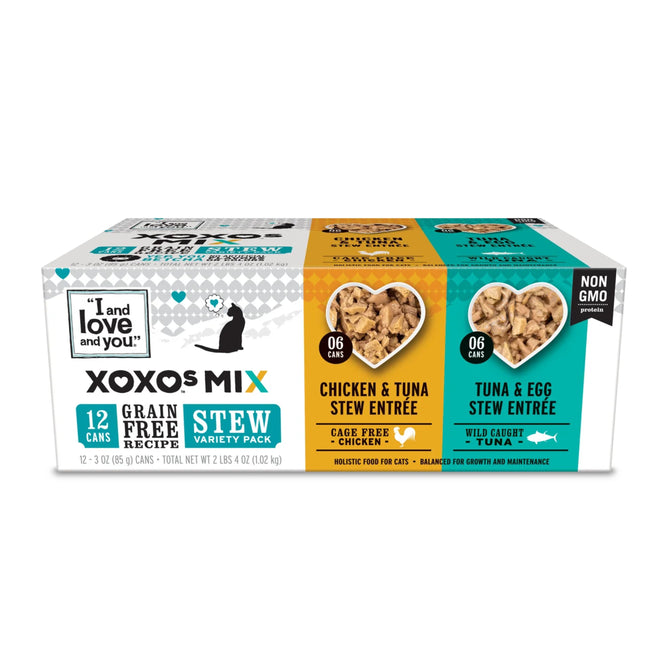 The XOXOs Mix Cat Food - Stew Variety Pack by I and Love and You offers a holistic, gourmet experience with 12 cans of grain-free, non-GMO wet food: 6 Chicken & Tuna Stew Entrée and 6 Tuna & Egg Stew Entrée. Featuring cage-free chicken and wild-caught tuna for optimal feline nutrition.