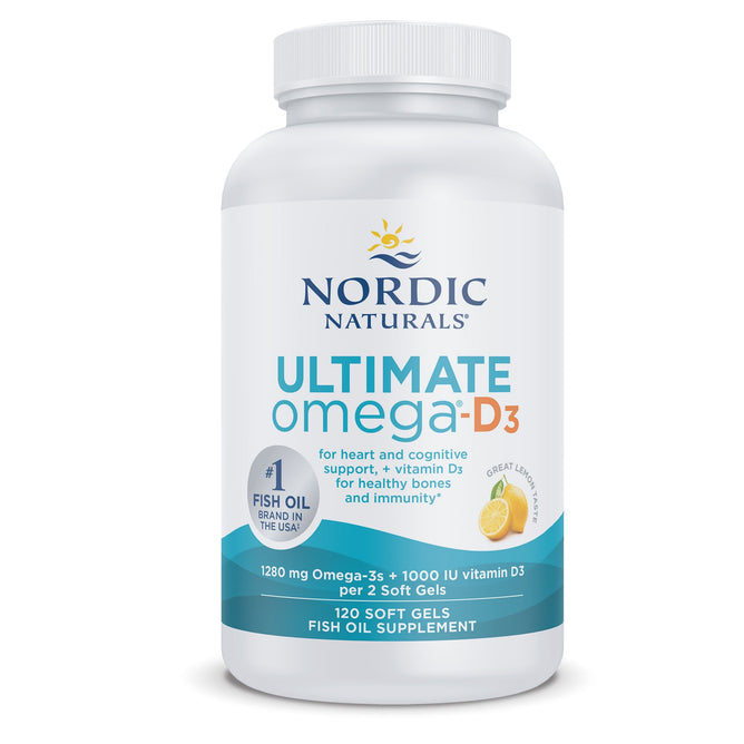 A white bottle of Nordic Naturals Ultimate Omega-D3 has 120 soft gels with omega-3 EPA+DHA for heart, cognitive, and bone health. As the #1 USA fish oil brand, it offers a refreshing lemon flavor.