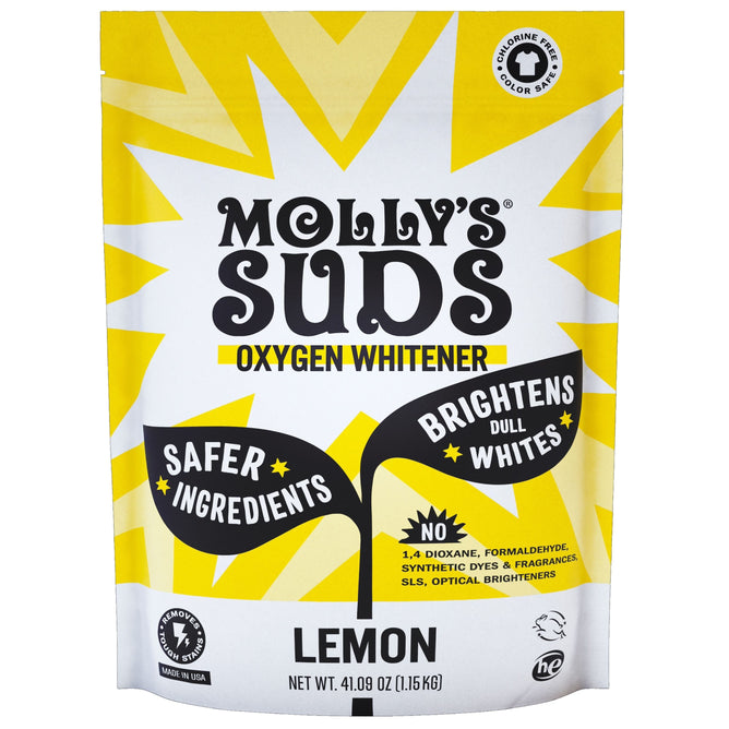 The image displays Mollys Suds Oxygen Whitener in a yellow and white bag, a natural bleach alternative and laundry booster. It offers Safer Ingredients, claims to Brighten Dull Whites, and is free from 1,4-Dioxane, synthetic dyes, fragrances, SLS, etc. Lemon scented.