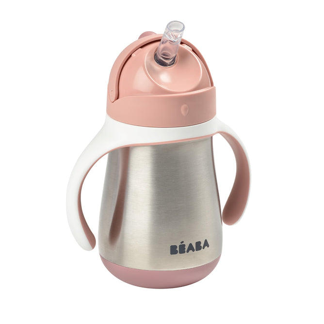 The BEABA Stainless Steel Straw Sippy Cup with Silicone Straw features pink accents, dual handles, and an integrated straw, with the brand name elegantly printed on the front.