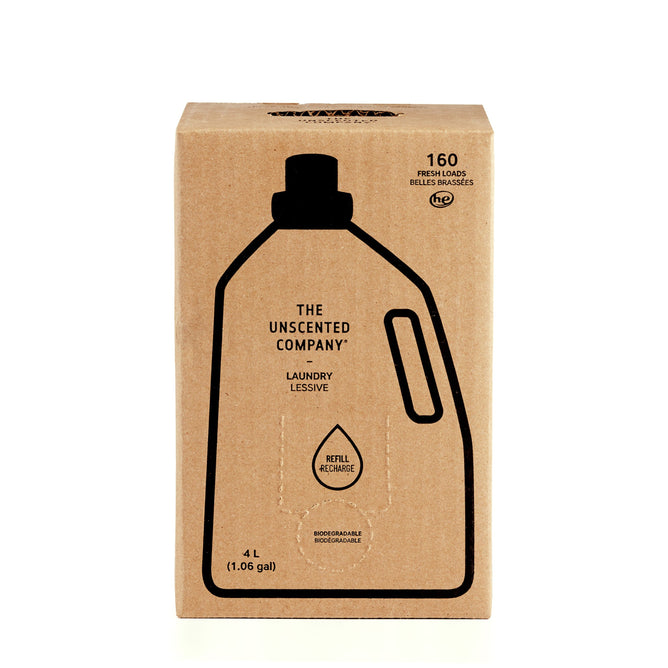 Cardboard box of The Unscented Company Laundry Detergent Refill, black outline of a bottle, offering 160 loads, 4 liters (1.06 gallons). It features a biodegradable, hypoallergenic formula with naturally derived ingredients—fragrance-free and refillable.