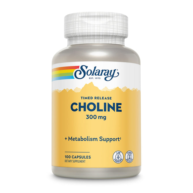 Discover Solarays Choline TR Capsule, a timed-release dietary supplement supporting metabolism with 300 mg dosage. The bottle holds 100 capsules, featuring a vibrant rainbow stripe and icons highlighting its dietary benefits.