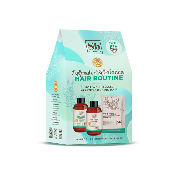 Introducing the Refresh & Rebalance Tea Tree Haircare Starter Set by Soapbox, featuring Tea Tree Shampoo, Conditioner, and Hair Mask in sleek green and white packaging with product images.