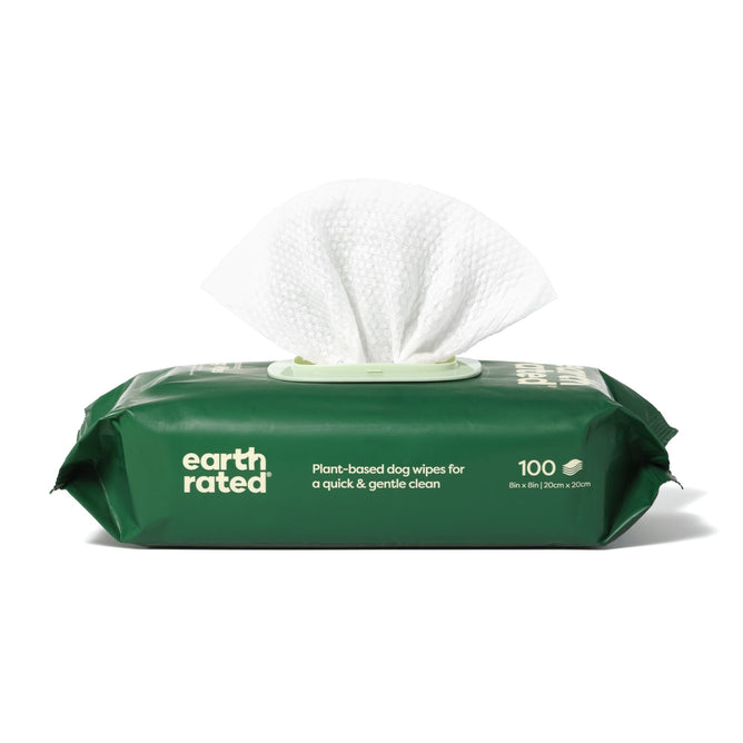 The green package of Earth Rateds Large Dog Grooming Wipes says for a quick & gentle clean. One partially pulled-out wipe shows there are 100 hypoallergenic wipes, each measuring 8x8 inches.