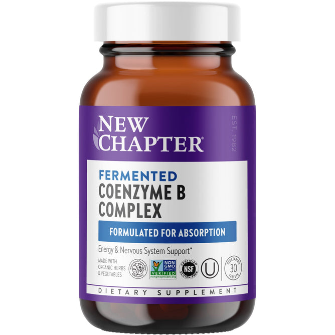The New Chapter Fermented Coenzyme B Complex comes in a brown bottle with a purple and white label, featuring various certifications. This product supports energy metabolism and nervous system health with 30 tablets designed for effective absorption.