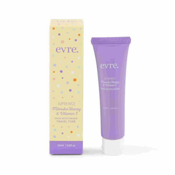 A purple tube of evre.s Super Nice Mānuka Honey & Vitamin E Face Moisturiser - Sample, enriched with Manuka Honey, stands next to its colorful polka-dot box. The packaging shows its a travel-size 20ml (0.68 fl oz) tube, ideal for on-the-go hydration.