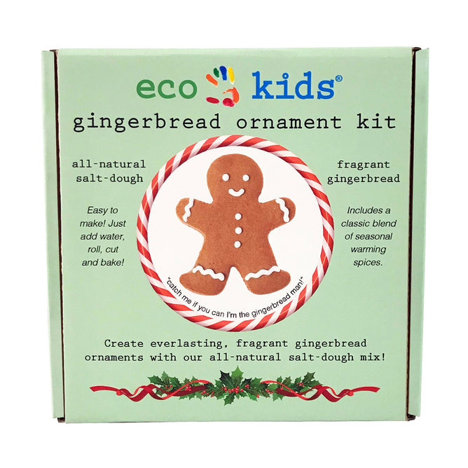 A green box labeled eco-kids Gingerbread Ornament Kit features a gingerbread man illustration. The text highlights an all-natural salt-dough mix, fragrant gingerbread ornaments, and holly accents, enhanced with natural spices for an authentic holiday feel.