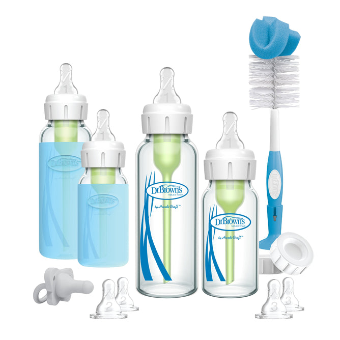 Dr. Browns Glass Baby Bottle Starter Set features pediatrician-recommended Narrow Natural Flow® Anti-Colic Options+™ bottles in various sizes with a patented vent system. Included are white and blue-accented cleaning brush with sponge tip, extra silicone nipples, and a pacifier.