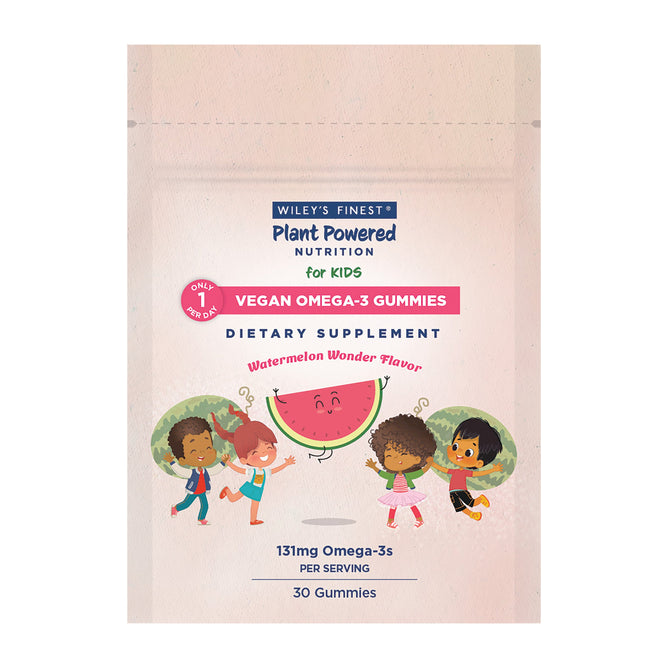 Wileys Finest Vegan Omega-3 Kids Gummies feature lively packaging with cartoon children around a smiling watermelon. The bottle contains 30 watermelon-flavored gummies, enhanced with algal oil, delivering 131mg of omega-3s per serving.