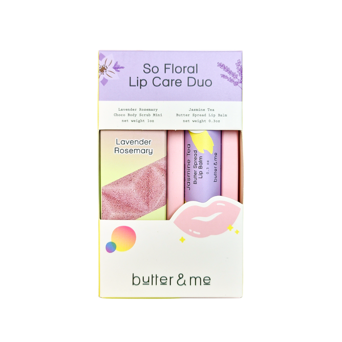 Explore butter & mes Lip Care Duo, crafted with all-natural ingredients. It includes a Lavender Rosemary body scrub and a Jasmine Tea lip balm. Adorned with floral graphics and colorful accents, this set is perfect for vibrant self-care.
