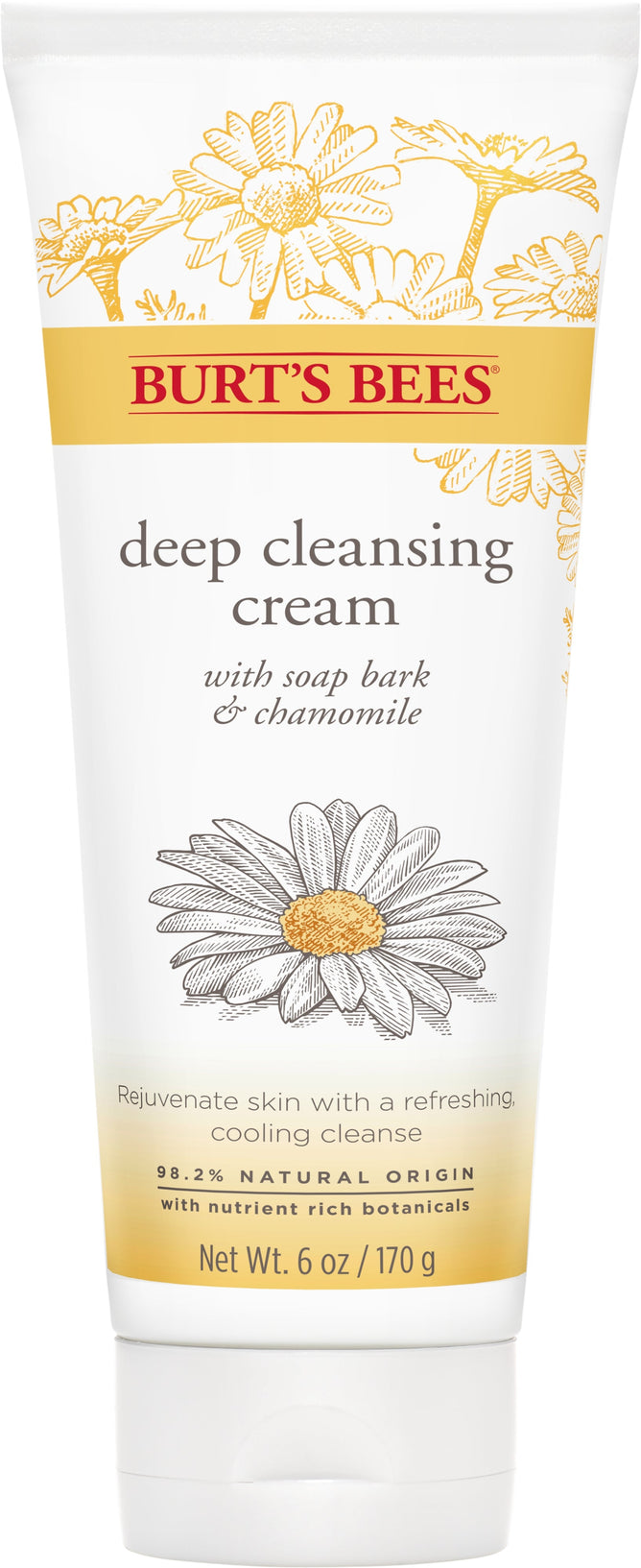 Burts Bees Deep Cleansing Cream, featuring floral illustrations, includes soap bark, chamomile, and aloe. It is 98.2% natural origin and offers a refreshing menthol-cooling cleanse that rejuvenates skin. Net weight: 6 oz / 170 g.