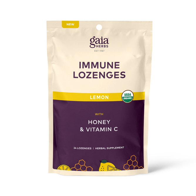 Gaia Herbs Immune Lozenges, lemon-flavored with honey and vitamin C, support immunity in a beige and purple package with the USDA organic label. Each pack contains 24 herbal supplement lozenges.