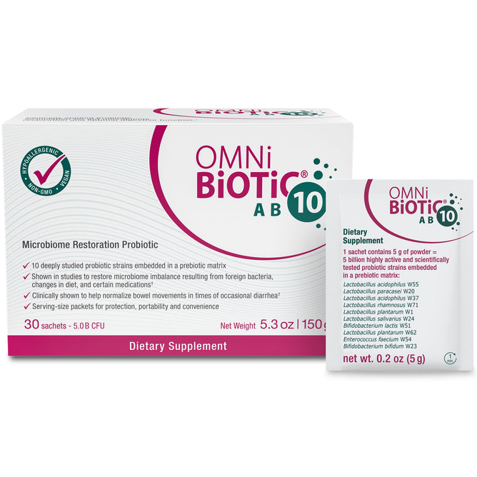 The image shows a box and a sachet of Omni-Biotic AB10, a probiotic for gut flora restoration. The box contains 30 sachets with a net weight of 5.3 oz, and the separate sachet holds 0.2 oz of powder.