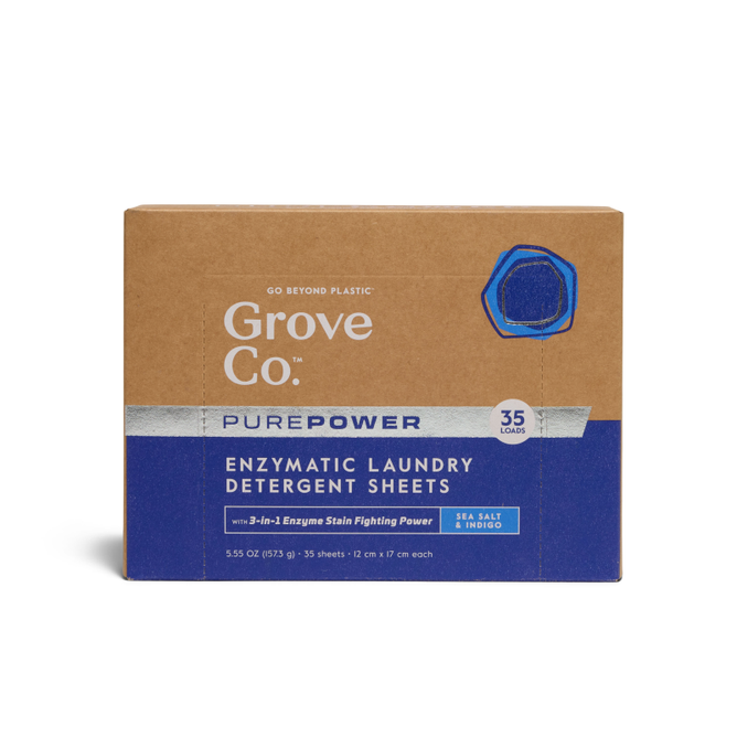 Grove Co.s PurePower Enzymatic Laundry Detergent Sheets, in eco-friendly brown packaging, offer 35 loads of bio-based cleansing with 3-in-1 enzyme stain-fighting power and a sea salt & birch scent, promoting plastic waste reduction.