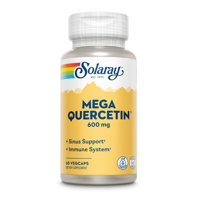 The image shows a Solaray Mega Quercetin supplement bottle, featuring 600 mg of quercetin with bioflavonoids for sinus and immune support. This dietary product provides 60 vegetable capsules aimed at enhancing wellness.