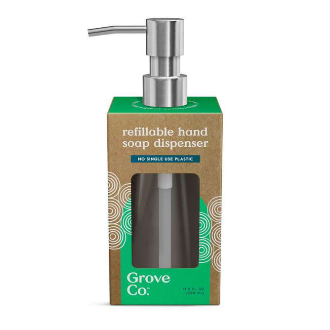 The Grove Co. Refillable Gel Hand Soap Dispenser is packaged in a cardboard box with a cutout displaying the metal pump and bottle. Its green packaging features white text and circular patterns, emphasizing its recyclable design and dedication to minimizing single-use plastic.
