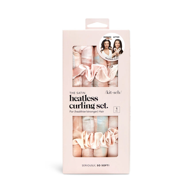 The image displays a Kitsch Satin Heatless Curling Set in a sleek box with a window revealing pink and beige scrunchies. A Before & After graphic emphasizes frizz-free hair on two women, while text states: The Satin Heatless Curling Set and Seriously, So Soft!.