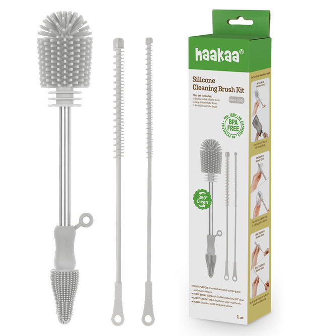 Experience the ultimate parenting essential with Haakaas Silicone, Multipurpose Bottle & Cleaning Brush Kit. This kit includes three brushes with textured bristles and long handles, perfect for cleaning baby gear. It comes in eco-friendly green and white packaging and is made from BPA-free materials for safe cleaning.