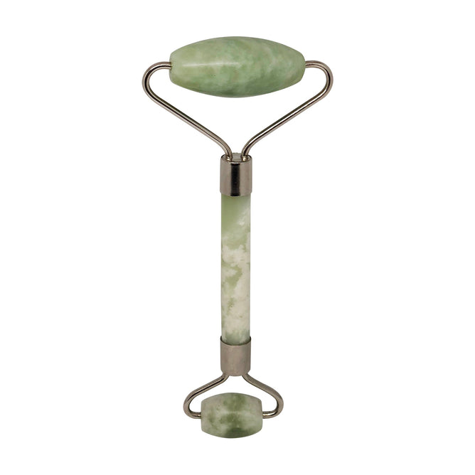 The Daily Concepts Daily Jade Roller has a smooth, light green marbled stone handle and dual rollers, designed for facial massage. Connected by metal brackets, it enhances the lymphatic system and reduces puffiness, promoting glowing skin.