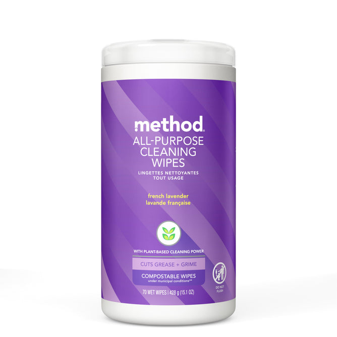 A cylindrical container of method All-Purpose Compostable Cleaning Wipes features a purple label in English and French, highlights the French Lavender scent with natural plant-based cleaning power, is designed for multiple surfaces, and contains 70 wet wipes.
