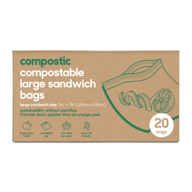 The Compostic Sandwich Bags come in a brown box, featuring resealable 7 x 7 bags made from non-toxic, non-GMO, plant-based materials. Home-compostable and worm bin friendly, the packaging has an illustration of a sealed bag with a sandwich and includes 20 bags.